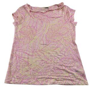 Tahari Women's Pink & Yellow Leaf Print Linen Top Small
